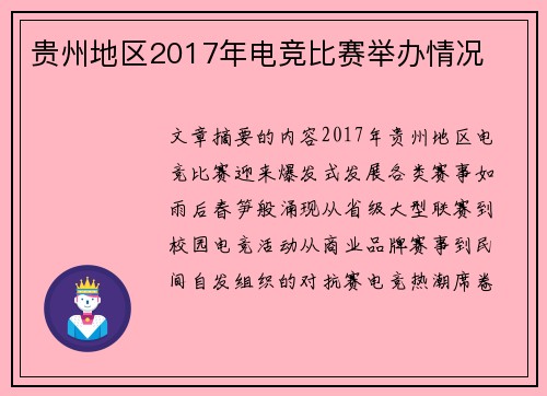 贵州地区2017年电竞比赛举办情况