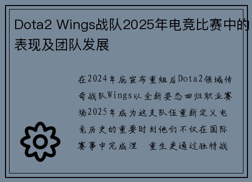 Dota2 Wings战队2025年电竞比赛中的表现及团队发展